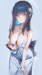 Rule 34 | 1girl, absurdres, back bow, bare arms, bare shoulders, between breasts, blue archive, blue eyes, blue hair, blush, bow, breasts, choker, cleavage, clothes pull, collarbone, colored inner hair, condom, condom wrapper, cowboy shot, domi (hongsung0819), dress, dress pull, earrings, fingernails, flower, hair flower, hair ornament, halo, highres, jewelry, large breasts, long hair, multicolored hair, nipple slip, nipples, parted lips, saori (blue archive), saori (dress) (blue archive), sidelocks, sleeveless, sleeveless dress, solo, sweat, white background, white choker, white dress