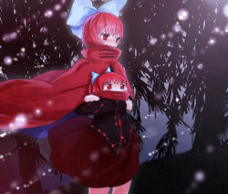 Rule 34 | 1girl, blouse, bow, cape, covering own mouth, crossed arms, fireflies, hair bow, high collar, highres, looking down, night, outdoors, red eyes, red hair, sekibanki, shirt, short hair, skirt, solo, touhou, tree, willow, wind, wind lift, yodori-san, yukkuri shiteitte ne