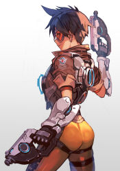 Rule 34 | 1girl, ass, bodysuit, bomber jacket, breasts, brown eyes, brown hair, chest harness, cowboy shot, dual wielding, from behind, goggles, gun, harness, holding, hungry clicker, jacket, looking at viewer, medium breasts, orange bodysuit, orange goggles, overwatch, overwatch 1, short hair, smile, solo, spiked hair, standing, tracer (overwatch), weapon
