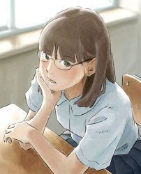 Rule 34 | 1girl, blunt bangs, brown eyes, brown hair, desk, from above, glasses, indoors, looking at viewer, looking up, open mouth, original, school desk, school uniform, solo, tnt (aaaazzzz)