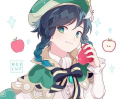 Rule 34 | 1boy, androgynous, apple, beret, black hair, blue hair, braid, closed mouth, commentary, food, fruit, genshin impact, gradient hair, green eyes, green hat, hat, holding, holding food, holding fruit, looking to the side, male focus, meelaffs, multicolored hair, smile, solo, symbol-only commentary, twin braids, two-tone hair, upper body, venti (genshin impact)