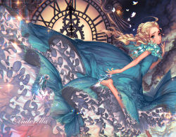 Rule 34 | 1girl, ahoge, artist name, blonde hair, blue eyes, braid, bug, butterfly, cinderella, cinderella (disney), clock, clock tower, cloud, copyright name, disney, dress, feet, frilled dress, frills, glass slipper, high heels, insect, kawacy, night, no socks, open mouth, shoes, unworn shoes, sleeveless, sleeveless dress, solo, sparkle, too many, tower