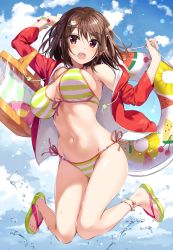 Rule 34 | 1girl, :d, aibeya, anklet, arm up, azarashi soft, bag, bare shoulders, bikini, blue sky, bracelet, breasts, brown hair, cloud, day, front-tie bikini top, front-tie top, groin, hair ornament, hairclip, halterneck, hand up, hayami aki, highres, holding, holding swim ring, innertube, jacket, jewelry, jumping, large breasts, midair, navel, off shoulder, open clothes, open jacket, open mouth, oryo (oryo04), outdoors, red eyes, red jacket, sandals, short hair, shoulder bag, side-tie bikini bottom, sidelocks, sky, smile, solo, stomach, strap gap, striped bikini, striped clothes, swim ring, swimsuit, thighs, water drop