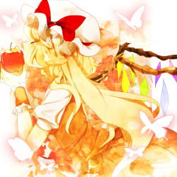 Rule 34 | 1girl, alternate hair length, alternate hairstyle, apple, bad id, bad pixiv id, blonde hair, blush, bow, bug, butterfly, embodiment of scarlet devil, closed eyes, female focus, flandre scarlet, food, fruit, hat, hat bow, insect, kaino, kiss, long hair, object kiss, profile, short hair with long locks, side ponytail, solo, touhou, very long hair, wings, wrist cuffs