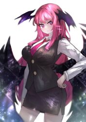 Rule 34 | 1girl, absurdres, bat wings, black skirt, breasts, closed mouth, commentary request, getsurai, head wings, highres, koakuma, koakuma day, large breasts, long hair, long sleeves, looking at viewer, miniskirt, multiple wings, necktie, pink eyes, pink hair, red necktie, simple background, skirt, smile, solo, touhou, white background, wings