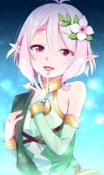 Rule 34 | 1girl, :d, bare shoulders, blush, bridal gauntlets, commentary request, detached sleeves, dress, finger to mouth, fingernails, flower, green dress, green sleeves, hair between eyes, hair flower, hair ornament, kokkoro (princess connect!), long sleeves, natsumi akira, open mouth, pink hair, pointy ears, princess connect!, puffy long sleeves, puffy sleeves, purple eyes, see-through, see-through sleeves, sleeveless, sleeveless dress, smile, solo, upper body, white flower