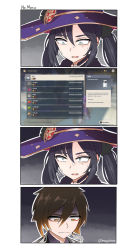 Rule 34 | 1boy, 1girl, black hair, black jacket, derivative work, eye contact, formal, genshin impact, hair between eyes, hat, highres, jacket, jewelry, long hair, looking at another, looking at viewer, male focus, mona (genshin impact), mugsdraws, onion, open mouth, pepper, reaching, reaching towards viewer, salt, short hair, simple background, suit, witch hat, yellow eyes, zhongli (genshin impact)