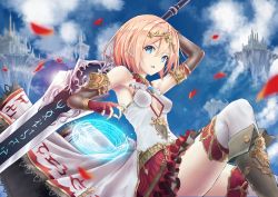 Rule 34 | 1girl, armpits, blue eyes, blush, breasts, brown hair, covered navel, fingerless gloves, gloves, highres, holding, holding sword, holding weapon, looking at viewer, medium breasts, original, parted lips, red gloves, red skirt, short hair, sideboob, sitting, skirt, solo, sword, teraguchi, thighhighs, weapon, white thighhighs
