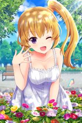 Rule 34 | 1girl, absurdres, alternative girls, bare shoulders, blonde hair, blush, breasts, bug, butterfly, cleavage, collarbone, dappled sunlight, day, dress, flower, high ponytail, highres, insect, large breasts, long hair, looking at viewer, mizushima airi, nail polish, official art, one eye closed, open mouth, orange flower, outdoors, pink flower, pink nails, purple eyes, red flower, side ponytail, smile, solo, solo focus, sunlight, tree, white dress, white flower, yellow flower