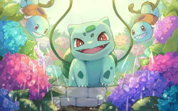 Rule 34 | backlighting, bright pupils, bulbasaur, claws, commentary request, creatures (company), day, fangs, flower, game freak, gen 1 pokemon, happy, hydrangea, kotatsukarakita, looking down, nintendo, no humans, open mouth, outdoors, plant, pokemon, pokemon (creature), pouring, red eyes, squirtle, themed object, tongue, vines, water drop, watering can, white pupils