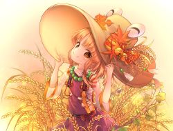 Rule 34 | 1girl, adapted costume, alternate costume, bead necklace, beads, blonde hair, commentary, detached sleeves, hair ornament, hair ribbon, hands on headwear, hat, hat leaf, hat ornament, highres, hito komoru, jewelry, large hat, looking at viewer, moriya suwako, necklace, purple shirt, purple skirt, ribbon, rope, sarashi, see-through, shirt, short hair, skirt, smile, solo, touhou, wheat, wide sleeves, yellow eyes