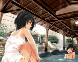 Rule 34 | 2girls, :d, amagami, backlighting, bathing, black hair, blush, breasts, brown eyes, cleavage, closed mouth, collarbone, completely nude, from behind, knees up, light rays, multiple girls, murasaki iro, naked towel, nanasaki ai, nude, one-piece tan, onsen, open mouth, partially submerged, plant, potted plant, profile, rock, short hair, sitting, smile, stairs, tan, tanline, tomboy, towel, tsukahara hibiki, water, water drop, wet, wooden ceiling