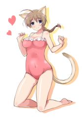 Rule 34 | 1girl, ahoge, animal ears, barefoot, blue eyes, braid, breasts, brown hair, casual one-piece swimsuit, cat ears, cat tail, heart, highres, kneeling, large breasts, long hair, looking at viewer, lynette bishop, navel, oi ke, one-piece swimsuit, single braid, smile, solo, strike witches, swimsuit, tail, world witches series