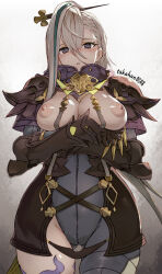 Rule 34 | 1girl, armor, artist name, asymmetrical clothes, black armor, blush, bodysuit, breasts, breasts out, commentary request, cowboy shot, crossed arms, epaulettes, fate/grand order, fate (series), gauntlets, gradient background, green hair, grey background, grey bodysuit, grey eyes, hands up, high collar, huyan zhuo (fate), huyan zhuo (second ascension) (fate), large breasts, looking at viewer, multicolored hair, nipples, parted lips, shoulder armor, single pantsleg, solo, straight-on, strap, streaked hair, takahan, thighhighs, variant set, white background, white hair