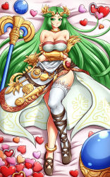 Rule 34 | 1girl, absurdres, anklet, armband, armlet, asymmetrical footwear, bare shoulders, blush, breast hold, breasts, choker, cleavage, collarbone, colored pencil (medium), cross-laced footwear, crossed arms, dakimakura (medium), dress, eyebrows, full body, gold, green eyes, green hair, heart, heart print, highres, hip focus, jewelry, kid icarus, kid icarus uprising, knee up, large breasts, legs, long hair, long legs, looking at viewer, lying, matching hair/eyes, mazume, mismatched footwear, neck ring, nintendo, on back, on bed, palutena, shield, shiny skin, shirt, single thighhigh, skirt, solo, staff, strapless, strapless dress, thighhighs, thighs, traditional media, uneven footwear, valentine, very long hair, wand, white dress, white thighhighs