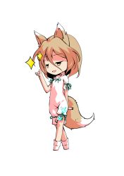 Rule 34 | 1girl, animal ears, black eyes, blonde hair, bow, breasts, brown eyes, chibi, dairi, fox ears, fox tail, full body, green bow, hair between eyes, hand up, jumpsuit, kudamaki tsukasa, looking to the side, open mouth, short hair, short sleeves, simple background, small breasts, smile, smug, socks, solo, standing, star (symbol), tachi-e, tail, test tube, touhou, transparent background, white background, white jumpsuit, white sleeves, white socks
