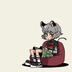 Rule 34 | 1girl, bad id, bad pixiv id, casual, clothes writing, contemporary, female focus, lowres, nazrin, shoes, shorts, simple background, sitting, sixxxx, sneakers, solo, touhou