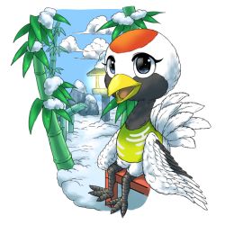 Rule 34 | 1girl, animal crossing, bamboo, blue eyes, bubonikku, cloud, day, feathered wings, furry, furry female, gladys (animal crossing), nintendo, open mouth, rock, simple background, sitting, sky, snow, solo, white background, wings