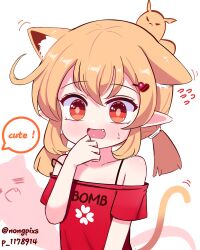Rule 34 | 1girl, alternate costume, animal ears, artist name, bare shoulders, blonde hair, cat ears, cat girl, cat tail, collarbone, commentary, ear wiggle, english text, fang, female focus, flat chest, genshin impact, hair ornament, hairclip, heart, heart hair ornament, highres, kemonomimi mode, klee (genshin impact), off-shoulder shirt, off shoulder, open mouth, pixiv id, pointy ears, print shirt, red eyes, red shirt, shirt, short hair, solo focus, spaghetti strap, speech bubble, sseopik, strap slip, tail, tail wagging, twintails, twitter username, upper body, white background