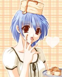 Rule 34 | 1girl, :d, bisuke-tan, blouse, blue hair, food, food on hand, food on head, honey, kfc, looking at viewer, object on head, open mouth, orange eyes, pancake, plaid, plaid background, plate, shirt, short sleeves, simple background, smile, solo, upper body