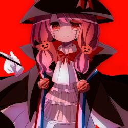 Rule 34 | 1girl, black cape, black hat, cape, character request, closed mouth, commentary request, hair ornament, hat, jack-o&#039;-lantern, jack-o&#039;-lantern hair ornament, kirby (series), multicolored hair, neck ribbon, nintendo, orange eyes, orange hair, personification, pink hair, red background, red ribbon, ribbon, ringed eyes, simple background, sketch, smile, solo, stitches, symbol-shaped pupils, usagi nui, x-shaped pupils