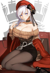 Rule 34 | 1girl, absurdres, aran sweater, azur lane, bare shoulders, belfast (azur lane), belfast (shopping with the head maid) (azur lane), beret, black skirt, blue eyes, blush, breasts, brown sweater, cable knit, choker, cleavage, collarbone, earrings, eating, food, hat, highres, holding, holding food, hoop earrings, jewelry, large breasts, long hair, looking at viewer, off-shoulder sweater, off shoulder, pantyhose, pnatsu, pocky, silver hair, sitting, skirt, solo, sweater