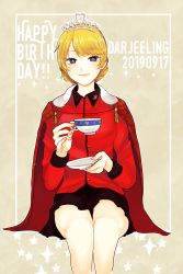 Rule 34 | 1girl, arai ako, black skirt, blonde hair, blue eyes, braid, bright pupils, cape, character name, commentary request, cup, darjeeling (girls und panzer), dated, english text, girls und panzer, happy birthday, highres, holding, holding cup, holding saucer, insignia, jacket, long sleeves, looking at viewer, military, military uniform, miniskirt, open mouth, outline, pleated skirt, red cape, red jacket, saucer, short hair, skirt, smile, solo, sparkle, st. gloriana&#039;s military uniform, teacup, tiara, twin braids, uniform, white outline, white pupils