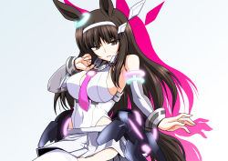 Rule 34 | 1girl, animal ears, between breasts, blunt bangs, breasts, brown eyes, brown hair, commentary, cosplay, covered navel, detached sleeves, fake animal ears, fake tail, girls und panzer, grey sleeves, hairband, half-closed eyes, hand in own hair, highleg, highleg leotard, highres, horse ears, horse girl, horse tail, kamishima kanon, large breasts, leotard, long hair, looking at viewer, mature female, mihono bourbon, mihono bourbon (cosplay), mihono bourbon (umamusume), miniskirt, necktie, necktie between breasts, nishizumi shiho, parted lips, purple necktie, silhouette, simple background, skirt, solo, standing, straight hair, tail, tail ornament, thighhighs, umamusume, white background, white hairband, white leotard, white skirt, white thighhighs