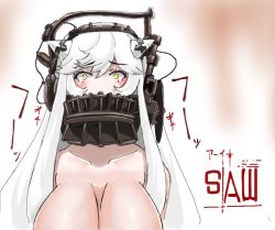 Rule 34 | 10s, 1girl, abyssal ship, breasts, cleavage, colored skin, covered mouth, female focus, gradient background, horns, kantai collection, large breasts, long hair, looking at viewer, midway princess, pale skin, saizu nitou gunsou, saw (movie), solo, upper body, very long hair, white background, white hair, white skin, yellow eyes