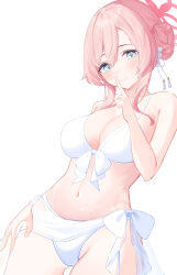 Rule 34 | 1girl, bare arms, bare shoulders, bikini, blue archive, blue eyes, blush, breasts, cleavage, closed mouth, collarbone, finger to mouth, front-tie bikini top, front-tie top, groin, hair between eyes, hair bun, halo, hand up, highres, looking at viewer, medium breasts, mimori (blue archive), mimori (swimsuit) (blue archive), navel, pink hair, roido (taniko-t-1218), shushing, side-tie bikini bottom, simple background, single side bun, smile, solo, swimsuit, white background, white bikini