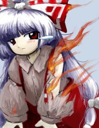 1girl blunt_bangs bow burning_clothes closed_mouth collared_shirt fire fujiwara_no_mokou hair_bow long_hair looking_at_viewer purple_hair red_eyes rusuban_(yakumora_n) shirt solo suspenders teardrop torn_clothes torn_shirt touhou very_long_hair zun_(style)