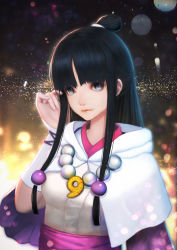 Rule 34 | 1girl, absurdres, ace attorney, bad id, bad pixiv id, black hair, blue eyes, blunt bangs, blurry, bokeh, breasts, capelet, closed mouth, depth of field, eyelashes, hair bun, hair ornament, half updo, highres, japanese clothes, jewelry, kimono, light particles, long hair, looking at viewer, magatama, maya fey, necklace, nooko, obi, orb, sash, single hair bun, smile, solo, upper body