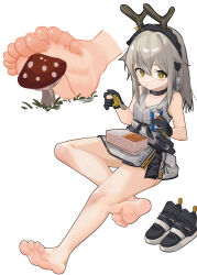 1girl absurdres arknights bare_legs barefoot bento black_choker black_gloves black_hairband breasts brown_eyes choker cleavage closed_mouth collarbone crossed_legs dress eating eyelashes fake_antlers feet firewatch_(arknights) foot_focus full_body garter_straps gloves grey_dress grey_hair hair_between_eyes hairband hands_up highres holding holding_spoon invisible_chair legs looking_at_viewer multiple_views nanase_young partially_fingerless_gloves shoes short_dress simple_background sitting small_breasts soles spoon toe_scrunch toes unworn_shoes variant_set white_background