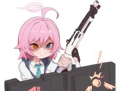 Rule 34 | 1girl, absurdres, aged down, blue archive, gun, halo, highres, hoshino (blue archive), hoshino (young) (blue archive), lulubelleiii, official alternate hairstyle, pink hair, ricocheting, school uniform, scratches, shaded face, short hair, solo, weapon, white background