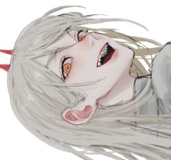 Rule 34 | 1girl, back, blush, cat helper, chainsaw man, close-up, cross-shaped pupils, eyelashes, grey background, grey hair, highres, horns, light blush, long hair, looking at viewer, looking back, open mouth, pink lips, power (chainsaw man), red horns, red pupils, sharp teeth, simple background, sketch, solo, symbol-shaped pupils, teeth, tongue, upper body, upper teeth only, yellow eyes