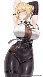 1girl absurdres arm_behind_head arm_strap armpits arms_up black_pants blonde_hair blue_eyes blush breasts chest_harness cleavage commentary duplicate elbow_gloves evelyn_chevalier gloves hair_intakes harness high-waist_pants highres large_breasts looking_at_viewer necktie pants presenting_armpit ring_hair_ornament secon see-through_cleavage see-through_clothes shirt simple_background single_elbow_glove sleeveless sleeveless_shirt solo sweat tight_clothes tight_pants white_background yellow_necktie zenless_zone_zero