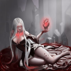 Rule 34 | 1girl, absurdres, bad id, bad pixiv id, bare shoulders, barefoot, blood, blood in hair, blood on hands, breasts, collarbone, crack, dripping, floating, glowing, heart (organ), highres, large breasts, light y, long hair, off shoulder, original, parted lips, pool of blood, puddle, red eyes, red lips, rock, solo, teeth, upper teeth only, vampire, very long hair, white hair