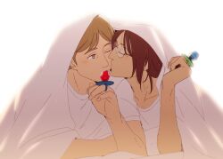 Rule 34 | 1boy, 1other, aquiline nose, backlighting, brown eyes, brown hair, candy, commentary, couple, food, glasses, hange zoe, hanpetos, jewelry, kiss, kissing cheek, moblit berner, one eye closed, ring, ring pop, shingeki no kyojin, shirt, t-shirt, under covers, white shirt