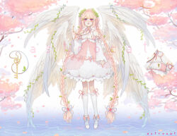 Rule 34 | 1girl, angel, angel wings, artist name, astrocatsama, blonde hair, blue footwear, blue ribbon, boots, bow, buttons, cherry blossoms, close-up, collar, commentary, commission, detached collar, detached sleeves, dress, dress bow, eyelashes, flower, frilled collar, frilled dress, frills, full body, hair bobbles, hair flower, hair ornament, hair ribbon, high collar, holding, holding key, jewelry, key, key necklace, keyhole, kneehighs, lace-trimmed socks, laurel crown, layered dress, light blush, lolita fashion, long hair, long sleeves, looking at viewer, low twintails, multiple wings, neck ribbon, necklace, open mouth, original, petals, pink bow, pink dress, pink eyes, pink ribbon, ribbon, ribbon legwear, seraph, sleeve ribbon, sleeveless, sleeveless dress, smile, socks, solo, standing, standing on liquid, tree, twintails, upper body, very long hair, water, watermark, white collar, white dress, white flower, white sleeves, white socks, white wings, wide sleeves, wings