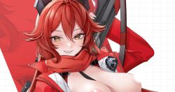 Rule 34 | 1girl, ahoge, akaisu, anti-materiel rifle, blush, breasts, bullpup, censored, censored nipples, cleavage, commentary, cropped jacket, fingerless gloves, gloves, goddess of victory: nikke, grin, gun, hair between eyes, holding, holding gun, holding weapon, horns, jacket, large breasts, leather, leather jacket, long hair, long sleeves, looking at viewer, mechanical horns, open clothes, open jacket, paid reward available, red hair, red hood (nikke), red jacket, red scarf, rifle, scarf, sidelocks, smile, sniper rifle, solo, suspenders, teeth, unzipped, weapon, white background, yellow eyes