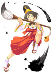 Rule 34 | 1girl, adapted uniform, bell, brown hair, brush, green eyes, japanese clothes, mannen hitsu, miko, nontraditional miko, oversized object, short hair, solo