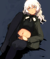 Rule 34 | 1girl, :o, aqua eyes, bad id, bad pixiv id, bed, female focus, giuseppina ciuinni, long hair, lying, midriff, military, military uniform, navel, open mouth, shibafu (glock23), silver hair, solo, strike witches, strike witches: suomus misfits squadron, uniform, world witches series