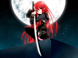 Rule 34 | 00s, 1girl, alastor (shakugan no shana), black theme, full moon, highres, ito noizi, jewelry, katana, long hair, moon, night, official art, official wallpaper, on one knee, outdoors, pendant, red eyes, red hair, school uniform, shakugan no shana, shana, sky, solo, star (sky), star (symbol), starry sky, sword, thighhighs, wallpaper, weapon