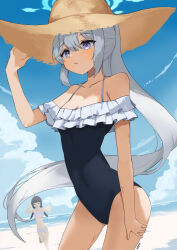 Rule 34 | 2girls, bare arms, bare legs, bare shoulders, bcag., beach, bikini, black hair, black one-piece swimsuit, blue archive, blue halo, braid, breasts, casual one-piece swimsuit, cleavage, collarbone, covered navel, cowboy shot, day, frilled one-piece swimsuit, frills, grey hair, hair between eyes, halo, hand on own thigh, hat, highres, long hair, medium breasts, miyako (blue archive), miyako (swimsuit) (blue archive), miyu (blue archive), miyu (swimsuit) (blue archive), multiple girls, ocean, off-shoulder one-piece swimsuit, off shoulder, official alternate costume, one-piece swimsuit, outdoors, ponytail, purple eyes, signature, straw hat, swimsuit, twin braids, white bikini