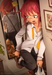 Rule 34 | 1girl, absurdres, ambiguous red liquid, bag, black pants, blouse, bottle, brown footwear, collarbone, commentary, dog, dress shirt, dutch angle, english commentary, glasses, highres, indoors, kanna kamui, ketchup bottle, khyle., kobayashi-san chi no maidragon, kobayashi (maidragon), loafers, loose clothes, loose necktie, loose shirt, mirror, neckerchief, necktie, pants, patreon username, picture frame, plant, plastic bag, potted plant, reflection, removing shoes, shirt, shoes, shoulder bag, sidelocks, socks, solo, sticky note, undone necktie, undressing, wall, watermark, white shirt, white socks, yellow neckerchief
