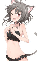 Rule 34 | 1girl, ahoge, animal ears, bare arms, bare shoulders, black bra, black hair, black panties, blush, bra, breasts, camisole, cat ears, cat tail, collarbone, cowboy shot, eyebrows, fang, frilled bra, frilled panties, frills, groin, hair between eyes, highres, looking at viewer, medium breasts, navel, one eye closed, open mouth, original, panties, raikou (gotaishu), red eyes, short hair, simple background, slit pupils, smile, solo, standing, stomach, tail, underwear, white background