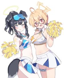 Rule 34 | 2girls, absurdres, ahoge, animal ears, bare shoulders, black hair, blonde hair, blue archive, blush, breasts, cleavage, cowboy shot, crop top, detached collar, dog ears, dog girl, dog tail, glasses, goyain, grey eyes, halo, hibiki (blue archive), hibiki (cheer squad) (blue archive), highres, holding, holding pom poms, kotori (blue archive), kotori (cheer squad) (blue archive), long hair, looking at viewer, looking to the side, low twintails, medium breasts, midriff, millennium cheerleader outfit (blue archive), miniskirt, multiple girls, navel, open mouth, pom pom (cheerleading), pom poms, ponytail, red eyes, semi-rimless eyewear, skirt, small breasts, tail, twintails, white background, white skirt