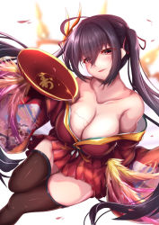Rule 34 | 1girl, ahoge, alcohol, azur lane, bare shoulders, black hair, black thighhighs, blush, breasts, cleavage, collarbone, cup, feathers, hair between eyes, hair ribbon, hakama, hakama short skirt, hakama skirt, highres, holding, holding cup, huge breasts, japanese clothes, kimono, large breasts, long hair, looking at viewer, mask, mask on head, off shoulder, open mouth, pouring, pouring onto self, red eyes, red kimono, ribbon, saboten teishoku, sake, skirt, smile, solo, taihou (azur lane), thighhighs, twintails, very long hair