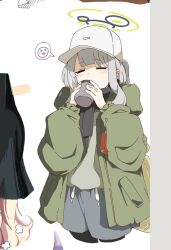 Rule 34 | &gt; &lt;, 1girl, = =, baseball cap, black scarf, blue archive, blush stickers, covered mouth, cropped legs, cup, green jacket, green shirt, grey hair, halo, hare (blue archive), hare (camp) (blue archive), hat, highres, holding, holding cup, jacket, long sleeves, open clothes, open jacket, puffy sleeves, scarf, shirt, short hair, sidelocks, spoken expression, uni gyoza, white background
