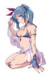 Rule 34 | 1girl, absurdres, anklet, armlet, barefoot, bikini, blue eyes, blue hair, blush, breasts, dancer, fingerless gloves, from side, full body, gloves, highres, jewelry, kokemozuku, long hair, looking at viewer, medium breasts, nail polish, navel, neck ring, original, seiza, shoulder tattoo, simple background, single glove, sitting, small breasts, smile, solo, swimsuit, tattoo, twintails, white background